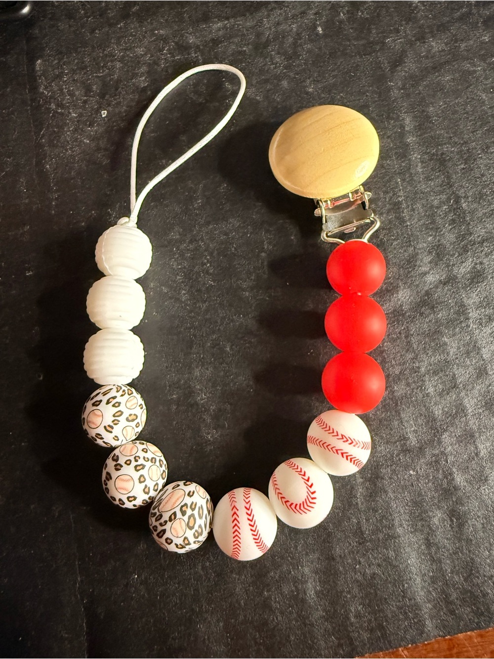 Hand Crafted Red, White & Leopard Print Silicone Bead Pacifier Clip